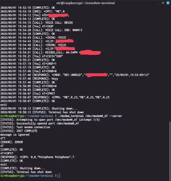 Screenshot of CModem Terminal in use